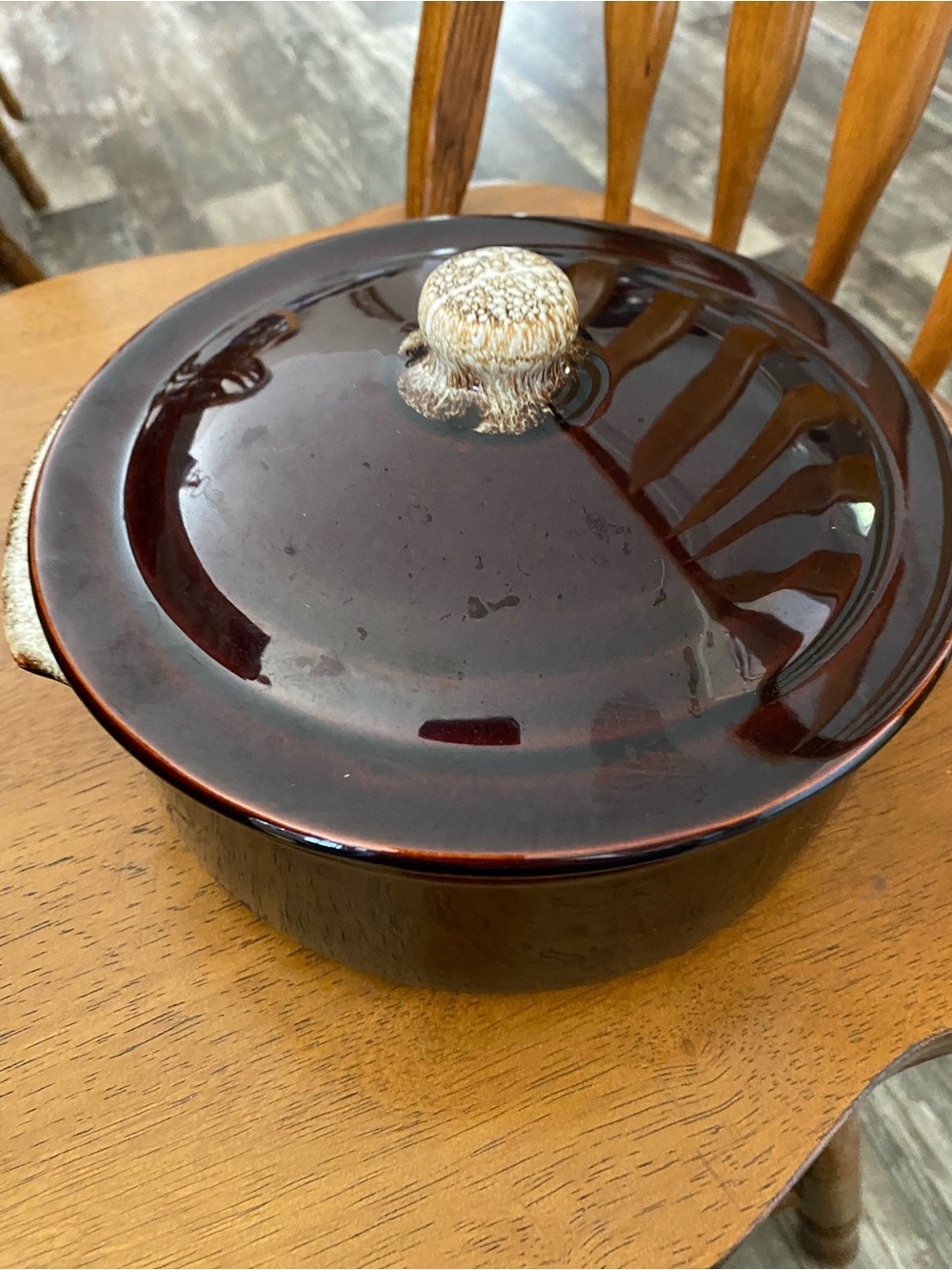 Stoneware Covered Casserole Dish in Drip Glaze Brown with Decorative Knob